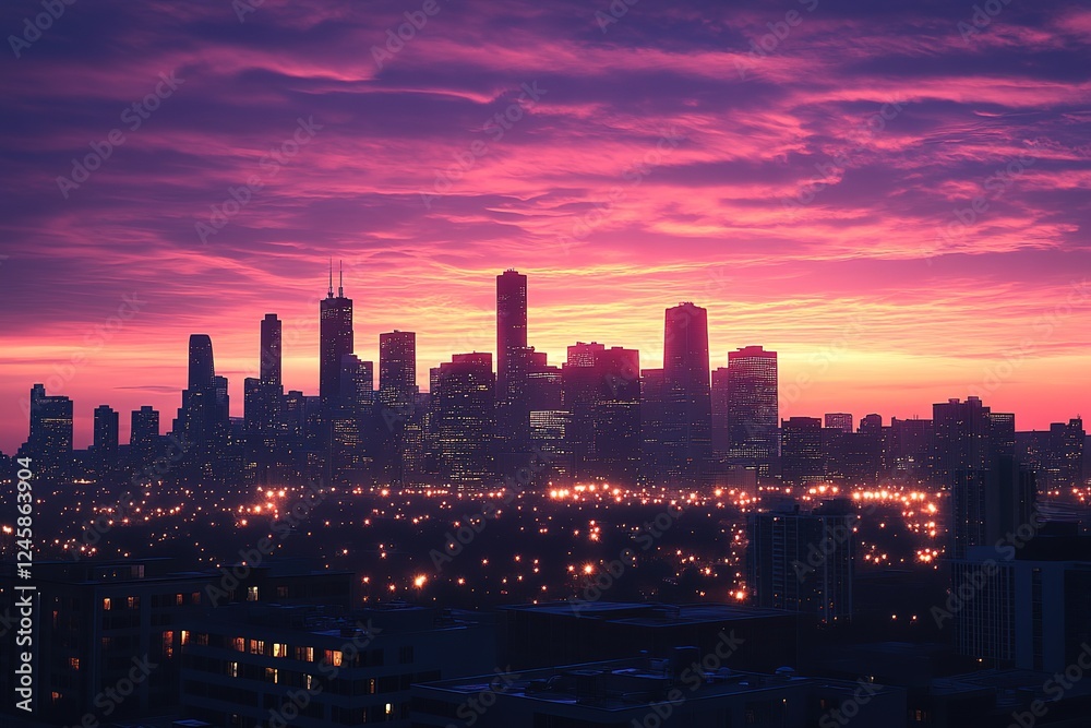 Fototapeta premium Golden Hour Chicago: Breathtaking Panoramic Skyline Sunset, Iconic Architecture, Cityscape Majesty, Lake Michigan Glimpse, Dramatic Colors, Urban Landscape, Evening Illumination, City Lights, 