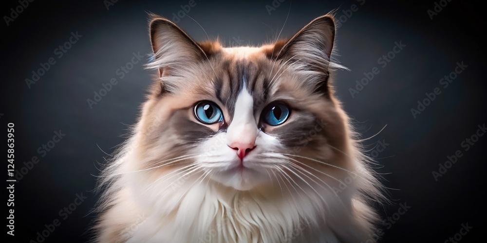 Obraz premium Fluffy, adorable ragdoll cat portrait, elegant studio pet photography.
