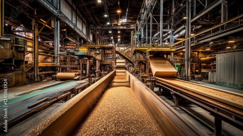Industrial view of pulp processing inside a paper mill, showing raw materials being transformed into paper with high-tech equipment