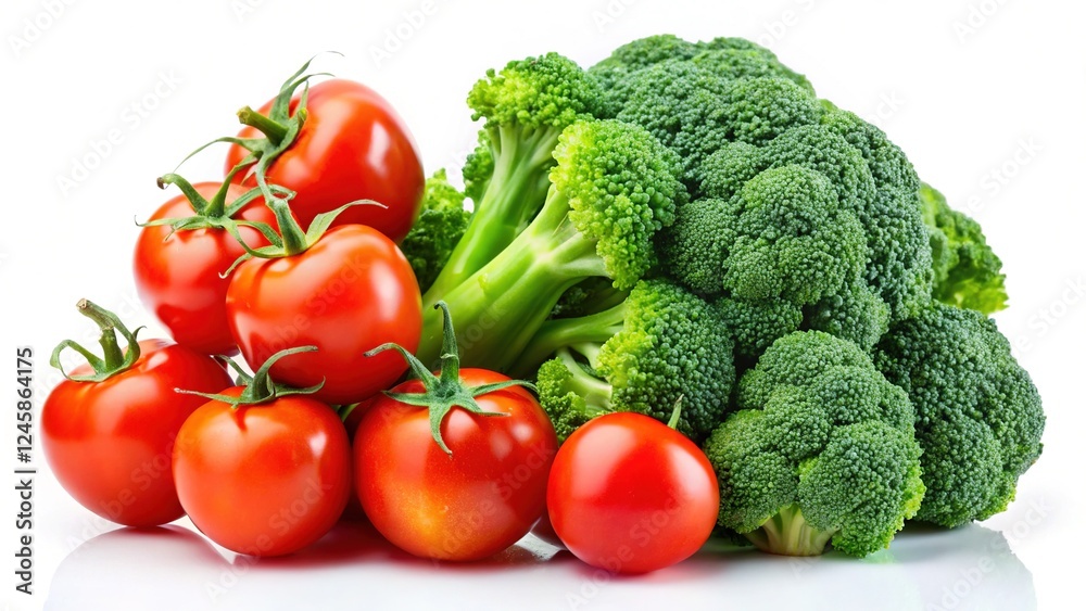 Fresh broccoli and tomatoes, isolated on white. Blank space for your design. Fresh broccoli and tomatoes, isolated on white. Blank space for your design.