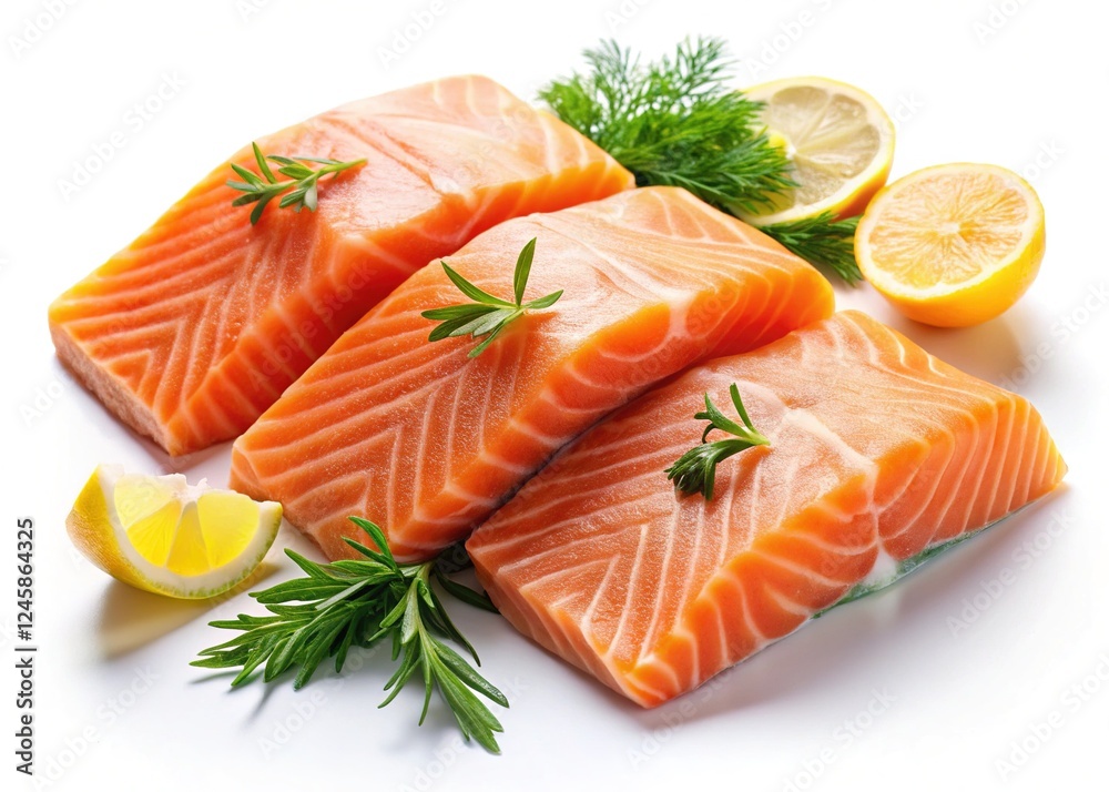 Fresh Raw Salmon Fillets and Sliced Isolated on White Background Fresh Raw Salmon Fillets and Sliced Isolated on White Background
