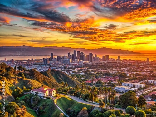 Los Angeles Cityscape Panorama: Stunning Sunset Over Pacific Ocean & Mountains photo