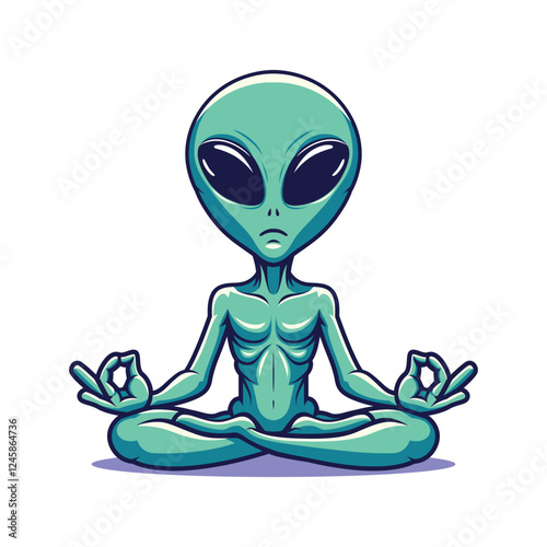 cartoon green alien meditating vector illustration, isolated background
