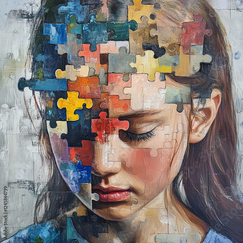 Artistic illustration of autism or ASD in children and young people including multicoloured puzzle motif, autistic spectrum disorder awareness, 