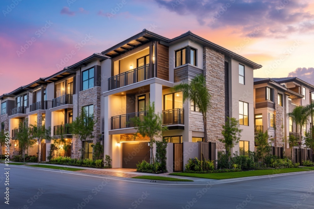 Luxury townhouses sunset Florida real estate twilight Luxury townhouses sunset Florida real estate twilight