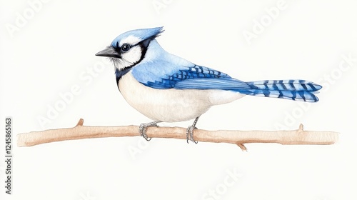 A detailed illustration of a blue jay perched on a branch with a soft background photo