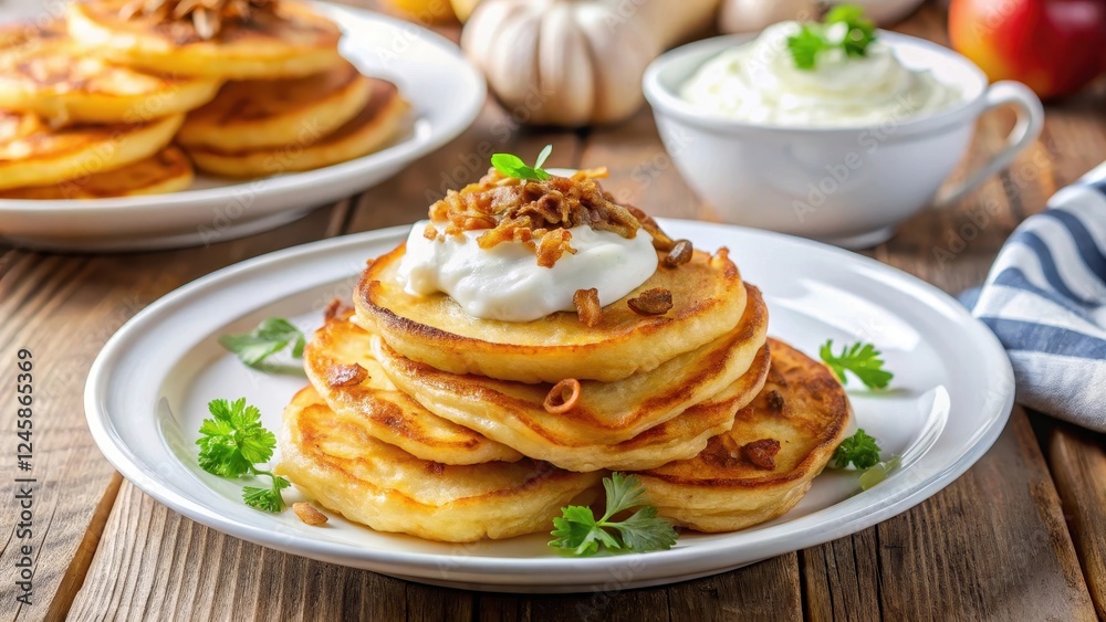 Pancakes of boiled potatoes served with fried onions and sour cream on a white plate, potato pancakes, traditional poland food Pancakes of boiled potatoes served with fried onions and sour cream on a white plate, potato pancakes, traditional poland food