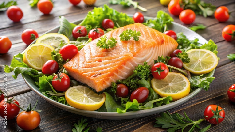 Freshly caught salmon fillet placed on a bed of mixed greens with lemon wedges and cherry tomatoes , seafood, lemon, seafood Freshly caught salmon fillet placed on a bed of mixed greens with lemon wedges and cherry tomatoes , seafood, lemon, seafood