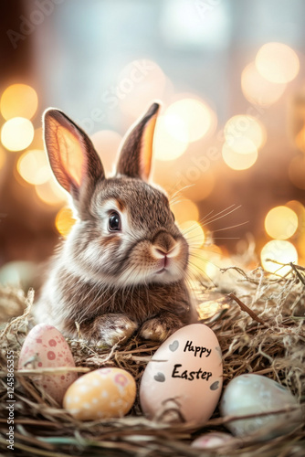 The rabbit is looking out of the corner of the image in surprise, free space for your advertising and writing “ Happy Easter “