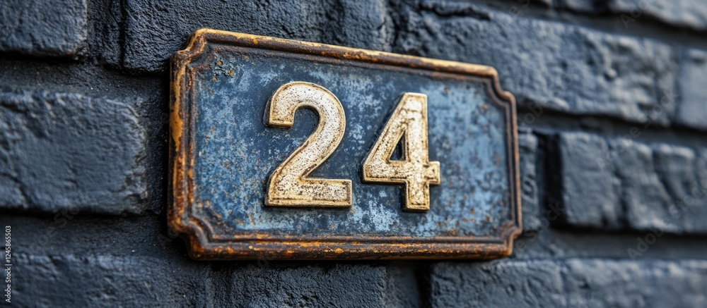House number plaque 24 displayed on a grey brick wall with a textured surface showcasing vintage design and classic typography.
