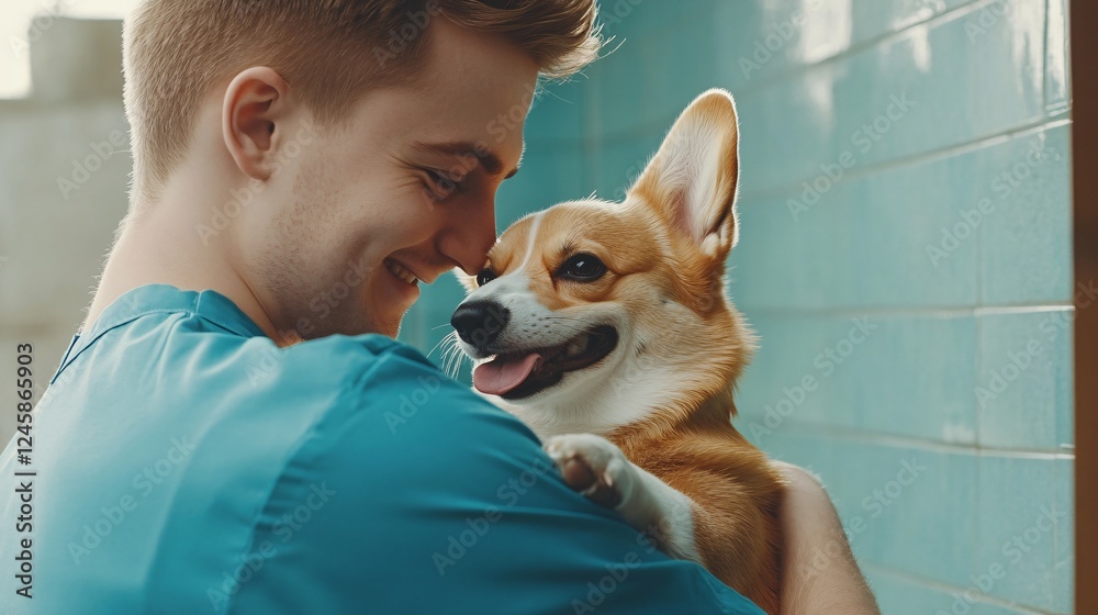 Happy male veterinarian in blue uniform cuddling dog after treatment in clinic environment heartwarming scene from a caring vantage point Happy male veterinarian in blue uniform cuddling dog after treatment in clinic environment heartwarming scene from a caring vantage point