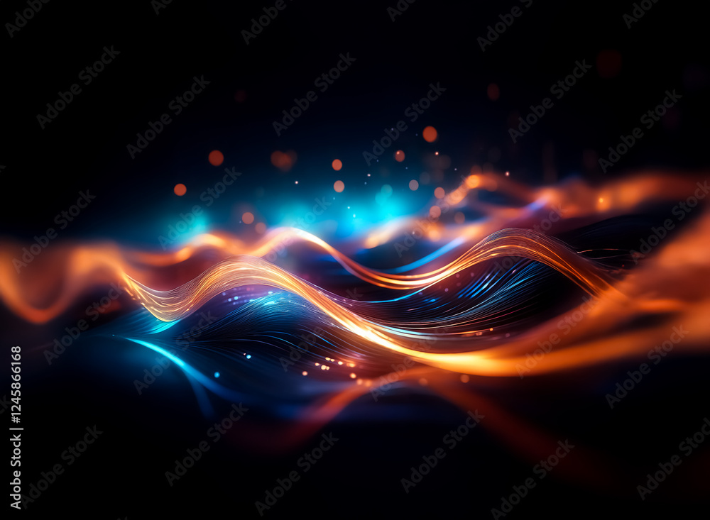 Obraz premium Abstract wavy lines of orange and blue light flow and dance against a dark backdrop, creating a dynamic and energetic visual.