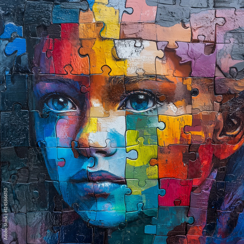 Artistic illustration of autism or ASD in children and young people including multicoloured puzzle motif, autistic spectrum disorder awareness, 