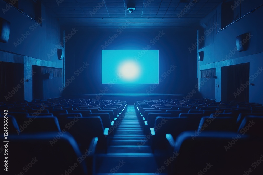 Fototapeta premium Dark and Silent: An Empty Movie Theater Awaits its Audience. Rows of plush seats stretch into the shadows, the large screen a blank canvas of potential. A cinematic atmosphere of anticipation hangs 