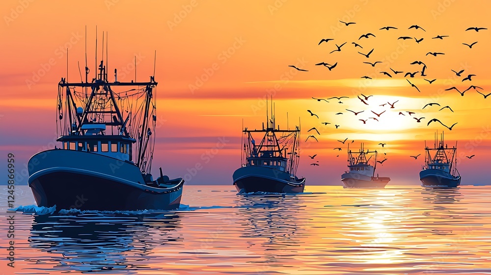 Fototapeta premium Fishing Boats at Sunset Silhouette.