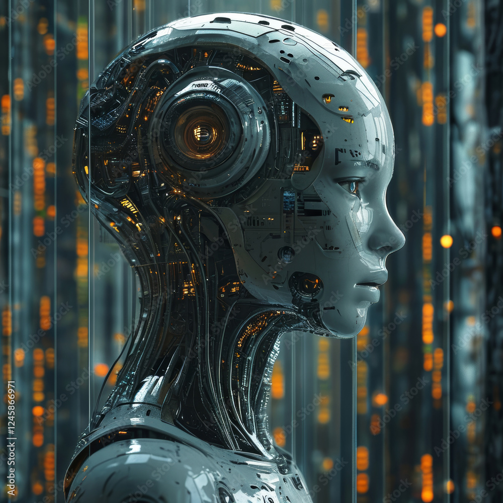 Fototapeta premium Artificial Intelligence visualization. Digital screens displaying overwhelming data. Human brain to neural networks evolution.