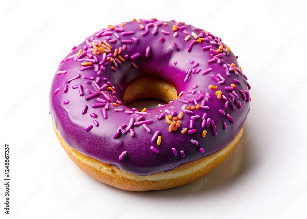 High-resolution shot of a vibrant purple doughnut, isolated against white. High-resolution shot of a vibrant purple doughnut, isolated against white.