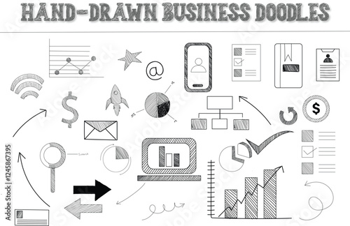 A fun collection of hand-drawn business-themed doodles, ideal for presentations, infographics, and creative projects.