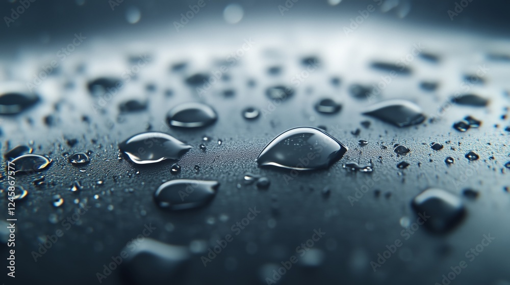 Close-up of water droplets on dark metallic surface with reflections. refreshing and modern concept Close-up of water droplets on dark metallic surface with reflections. refreshing and modern concept