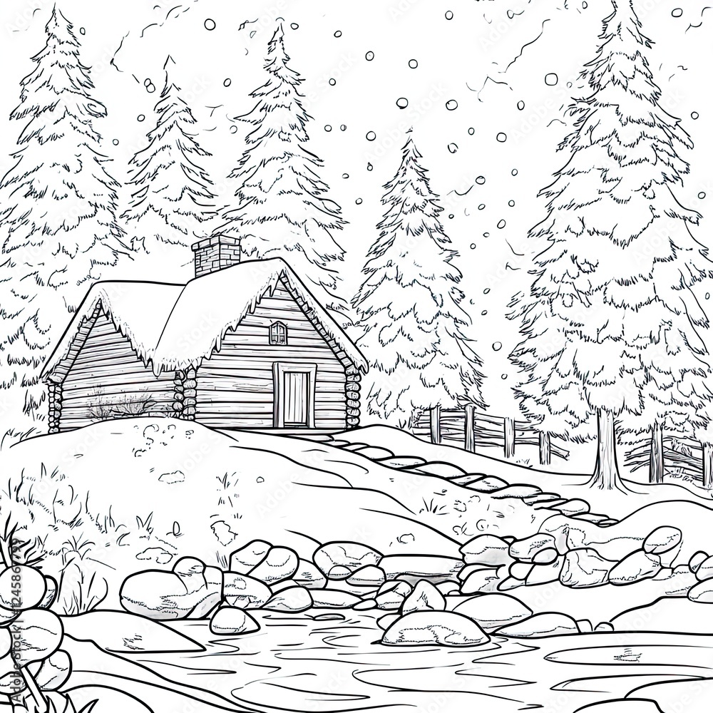 Naklejka premium Winter Forest Cabin Coloring Page Cozy Cabin Illustration for Adults and Kids