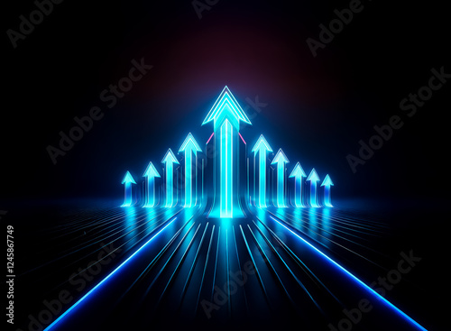 Illuminated blue arrows glow against a dark backdrop, pointing upwards in perspective, symbolizing forward movement and guidance.