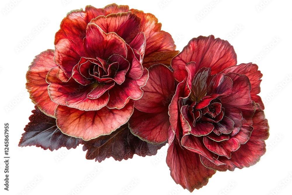 Vibrant Red Begonia Bloom: Close-up of a Single Exquisite Flower with Lush Green Leaves, Perfect for Botanical Illustrations, Floral Designs, and Nature-Inspired Projects. A stunning display of Vibrant Red Begonia Bloom: Close-up of a Single Exquisite Flower with Lush Green Leaves, Perfect for Botanical Illustrations, Floral Designs, and Nature-Inspired Projects. A stunning display of