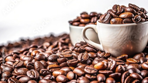 Coffee beans with rich brown hues on a white background, morning, coffee cups,  morning, coffee cups, drink, close up, glossy
