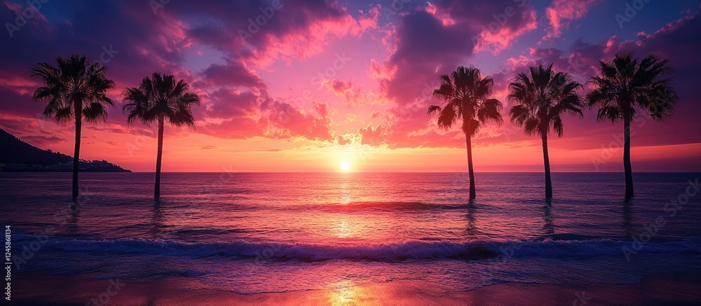 Obraz premium Winter sunset over the Mediterranean Sea with palm trees silhouetted against a vibrant sky, creating a serene coastal atmosphere.