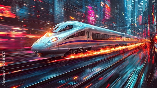 Futuristic High-Speed Train at Night in a Vibrant Cityscape.