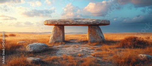 Prehistoric stone dolmen in a serene landscape showcasing ancient architecture with ample space for text or messaging.
