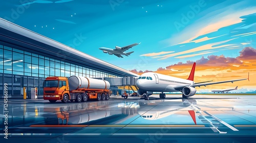 Wallpaper Mural Airplane Fueling at Modern Airport Terminal - Sunset View. Torontodigital.ca