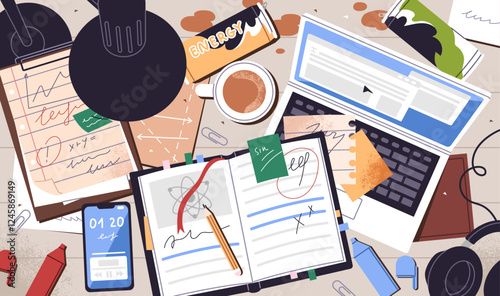 Creative disorder is in student workplace while learning process top view. Mess, cup, can are on dirty desk. Messy table with open notebook, laptop, stationery and clutter. Flat vector illustration