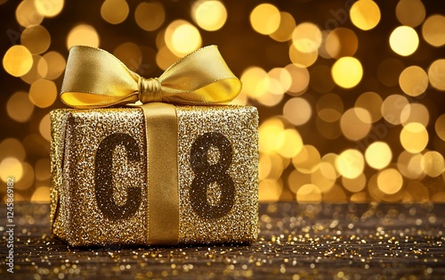 Gold gift box, number 68, bokeh background, celebration photo