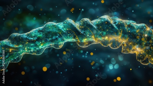 Close-up view of a flagellated bacterium swimming in fluid, showcasing a vibrant spiral flagellum in green and gold hues photo