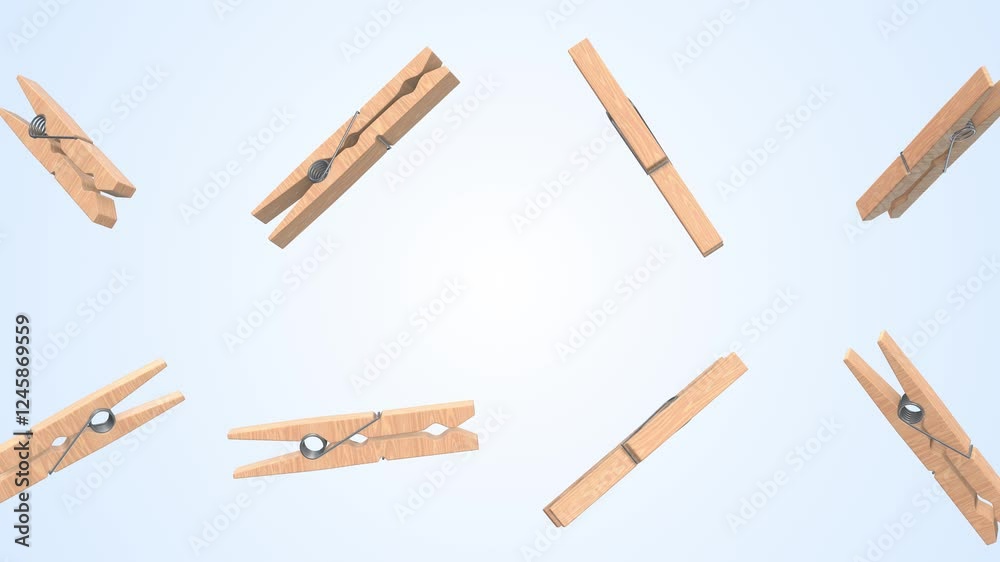 Wooden Clothespins Falling on a Light Blue Background. Clothes Pegs. Clips. 4K Wooden Clothespins Falling on a Light Blue Background. Clothes Pegs. Clips. 4K