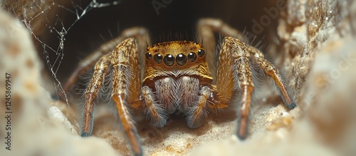 Home-based Parasteatoda tepidariorum spider resting in a corner with detailed close-up showcasing its unique features and natural habitat. photo