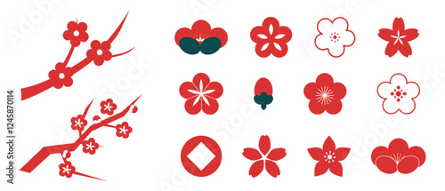 Sakura red cherry flower blossom, simple silhouette petal. Spring pretty eastern decoration.