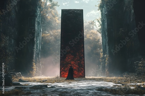 A lone figure stands before a large, dark monolith in a mystical, overgrown landscape.