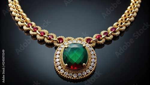 Luxury jewelry piece featuring a gold chain adorned with large emeralds and sparkling diamonds surrounding a central ruby, High-End Jewellery, Gold Necklaces