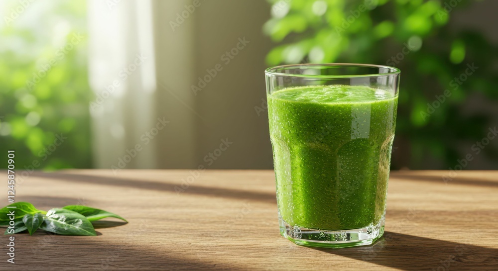 Refreshing green smoothie in sunlit kitchen setting with fresh basil Refreshing green smoothie in sunlit kitchen setting with fresh basil
