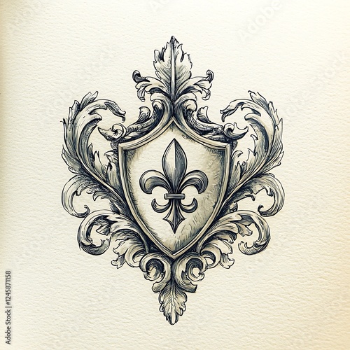 Fleur-de-lis Coat of Arms Hand-Drawn Vintage Crest Design.