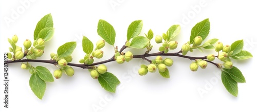 Green barberry branch with leaves and buds isolated on white for floral designs patterns wedding invitations and creative projects