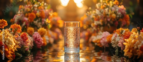 Traditional Javanese siraman ceremony water glass surrounded by vibrant flowers symbolizing marriage blessings and cultural significance.