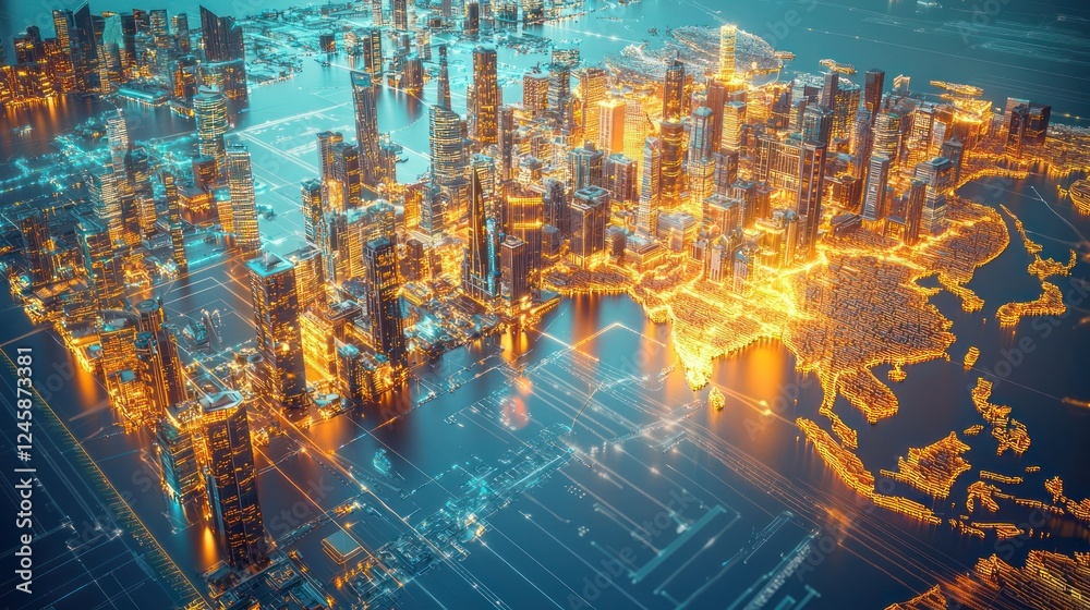 Obraz premium Vibrant Cityscape with Neon Lights and Digital Connections