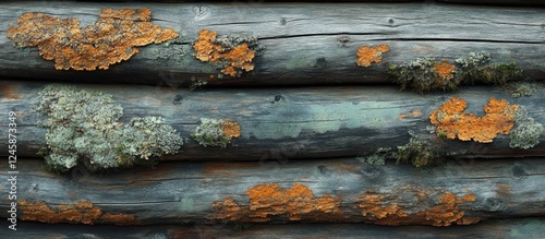 Close-up of weathered timber wall showcasing natural cracks and lichen growth on rustic log cabin structure over time photo