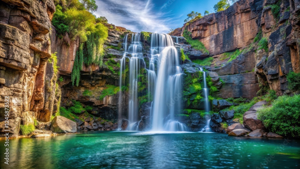 Fototapeta premium Waterfall cascading down rocky cliffs into serene pool