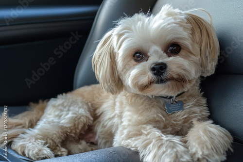 Dog so cute beige color mixed breed with Shih-Tzu, Pomeranian and Poodle on car seat inside a railway train cabin vintage style wait for vacation travel trip