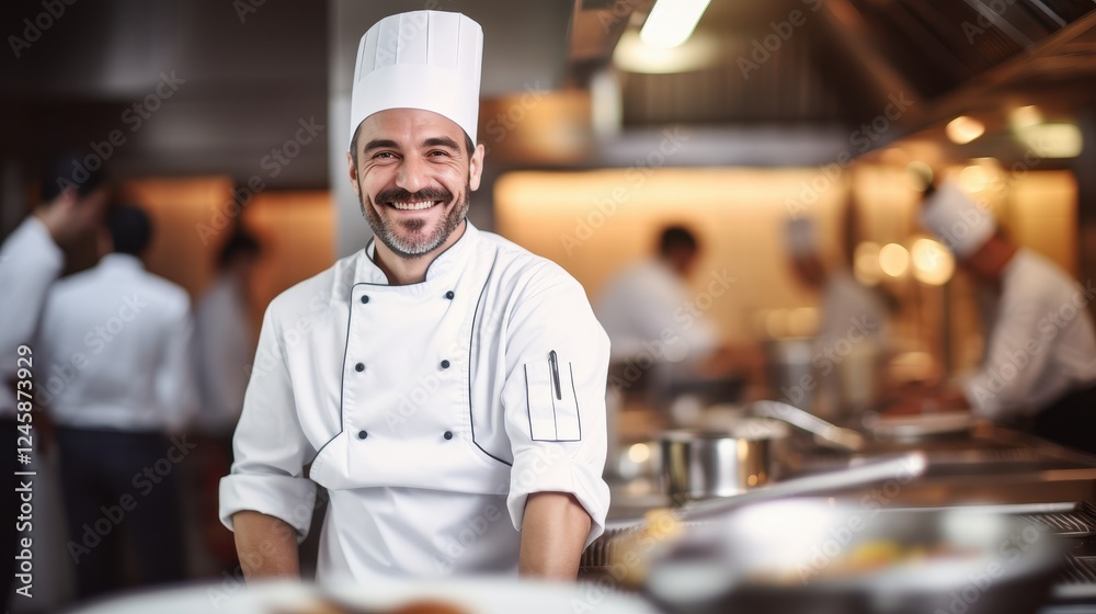 Joyful Professional Chef Arranging Dish in Hotel Kitchen with Modern Equipment in Background Joyful Professional Chef Arranging Dish in Hotel Kitchen with Modern Equipment in Background