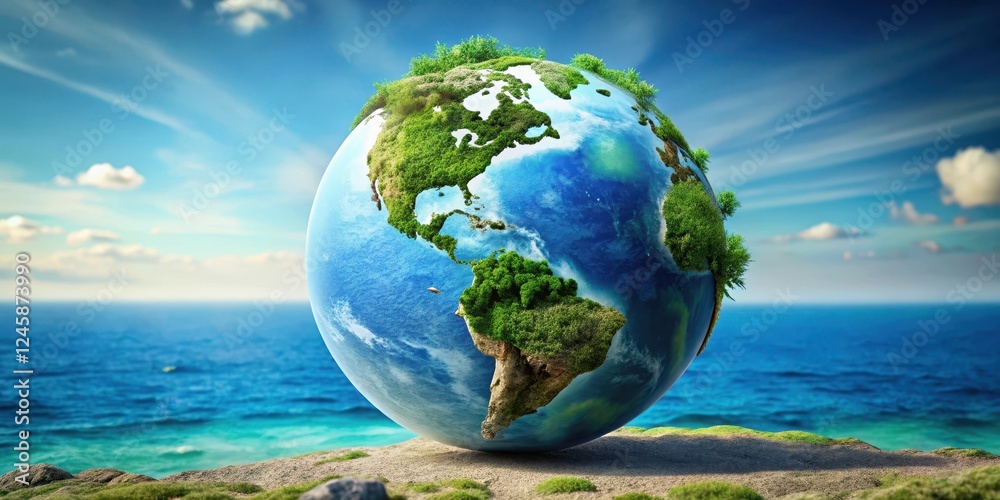 Naklejka premium Terrestrial globe with green vegetation and blue oceans , rocks, soil, rocks, soil, earth, horizon, landscape, atmosphere