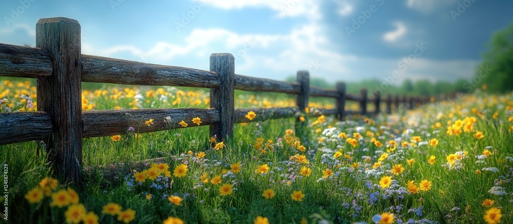 Fototapeta premium Picturesque flower-filled meadow with a rustic wooden fence under a blue sky showcasing nature's beauty and tranquility in the countryside.